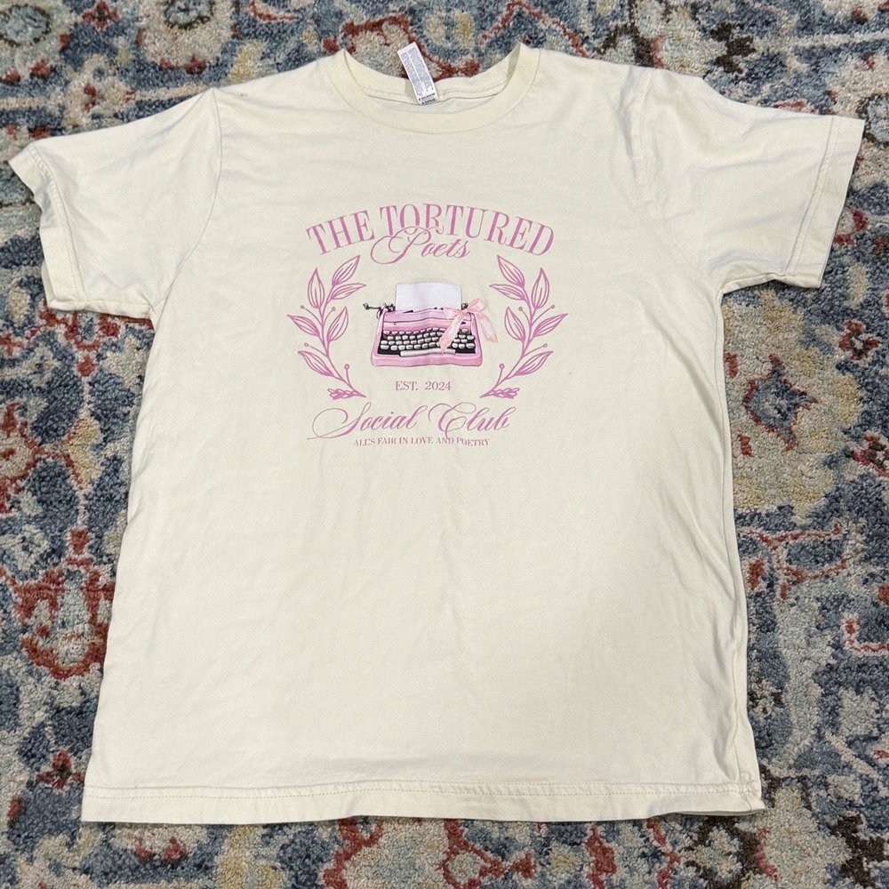 L-A-T Apparel Graphic Tee Girls Youth L Cream Tortured Poets Social Club EUC